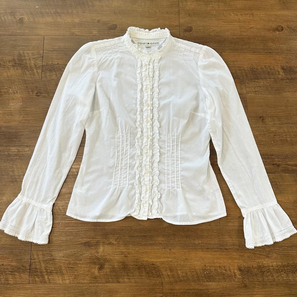 Eddie Bauer White Ruffle Front Blouse